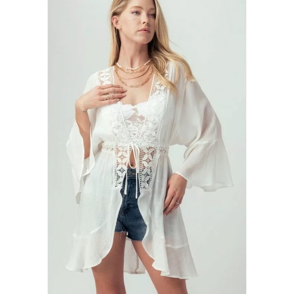 CLEARANCE Off White Boho Crochet Ruffle Bell Sleeve Cardigan - Picture 3 of 4